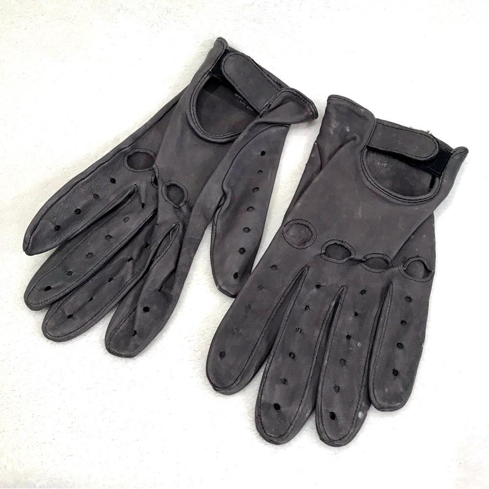 Vintage leather driving gloves dark grey with v3lcro wrist strap